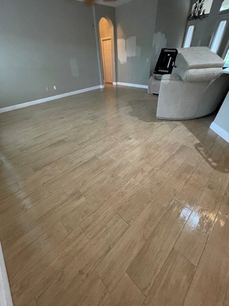 Wood-look tile plank floor in an open room